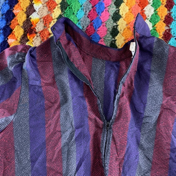 Vintage 70s Lawrence Greer High Collar Belted Dress Vertical Stripe Belo… - Picture 11 of 13